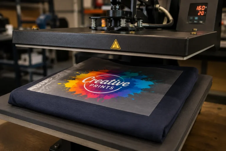 Heat press machine applying a multi-color DTF logo print onto a folded cotton t-shirt in a printing workshop