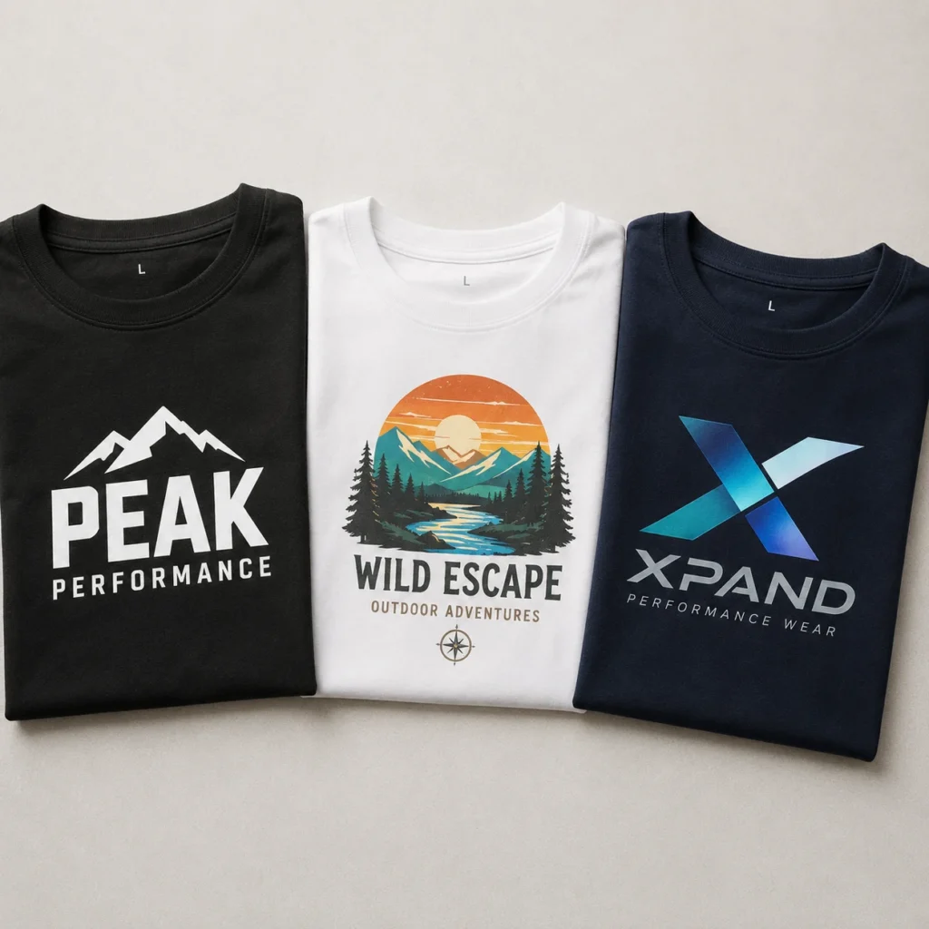 Three folded t-shirt swatches showing single-color, multi-color, and polyester sublimation logo print samples side by side