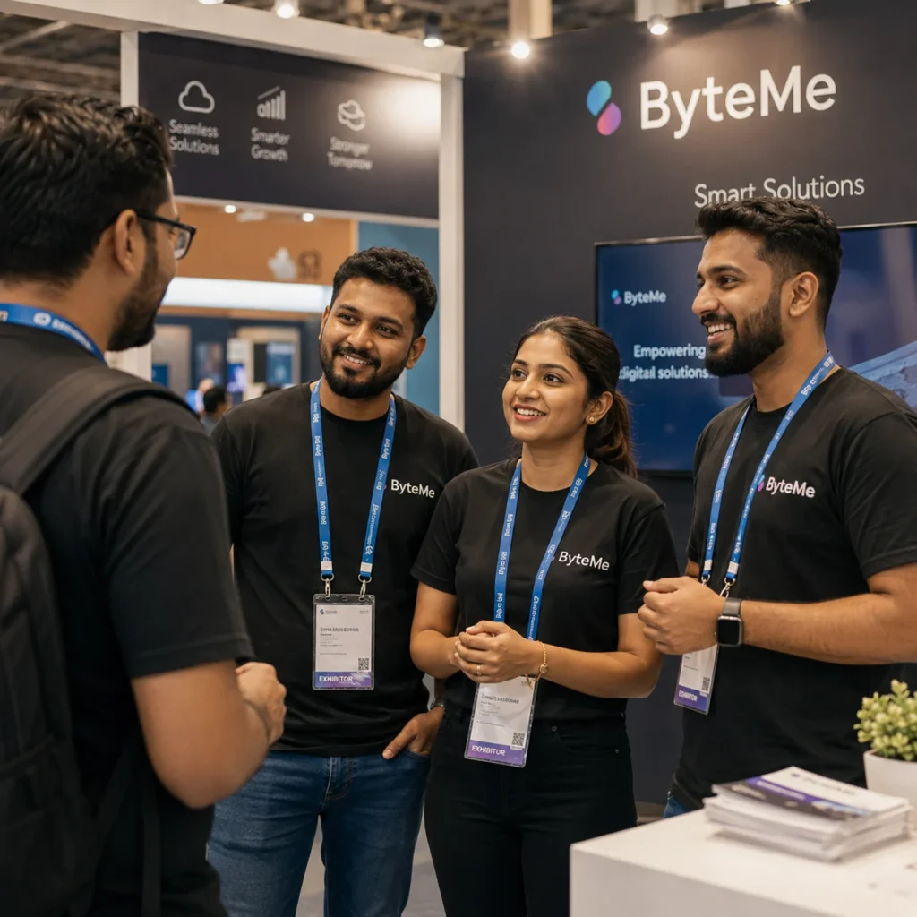 Three staff members in matching branded t-shirts engaging with a visitor at a Dubai trade show booth