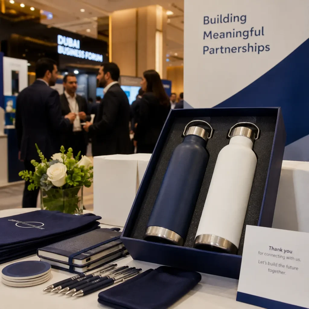 Branded water bottles displayed at a Dubai corporate event as client gifting items