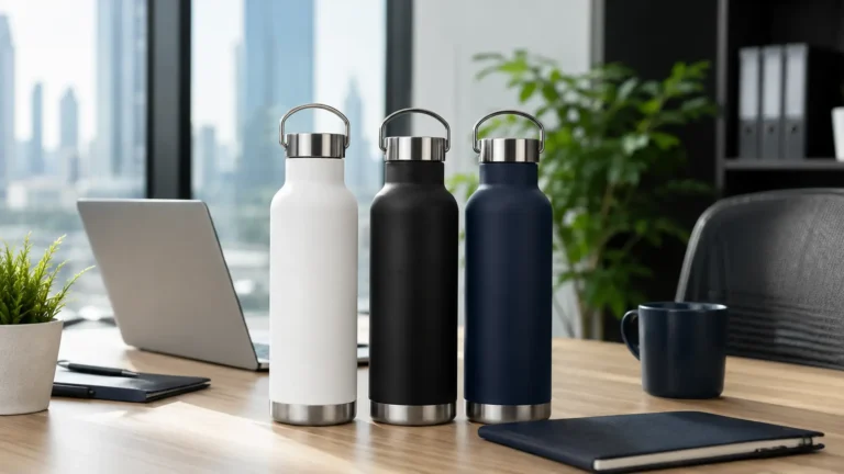 Custom water bottles Dubai in white, black, and navy for corporate branding and gifting