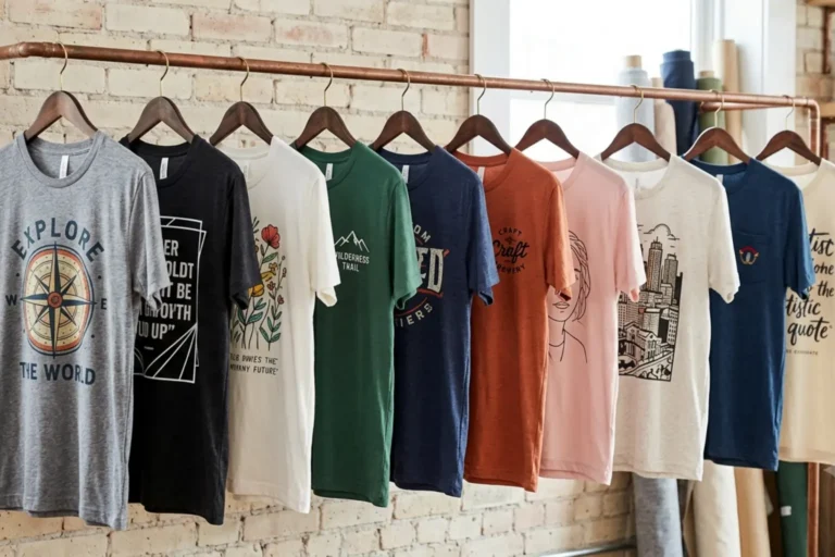 Custom graphic t-shirts in assorted colors with creative printed designs displayed on hangers in a clothing store.