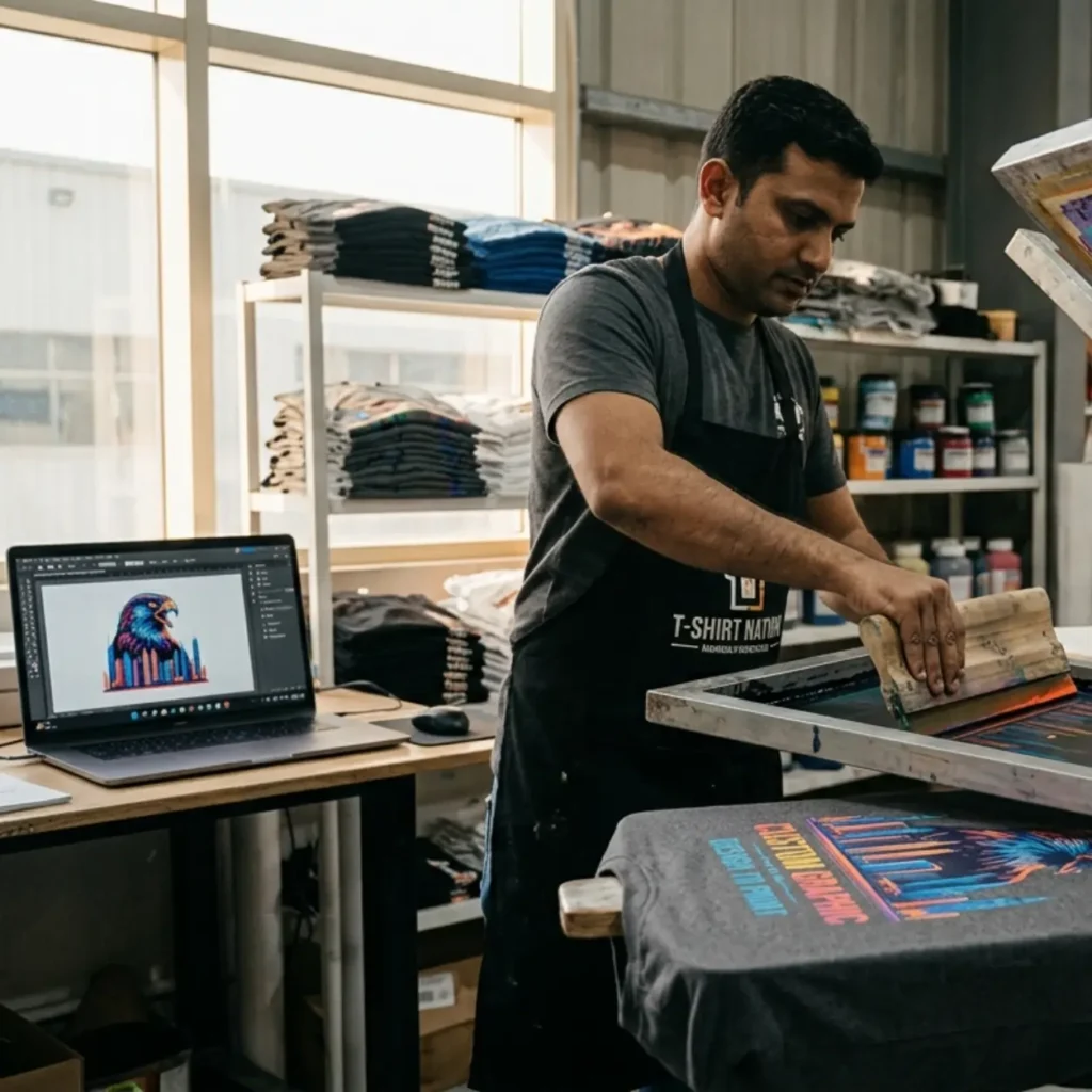Professional screen printing of custom graphic t-shirts with colorful artwork on premium cotton apparel in a modern print studio.