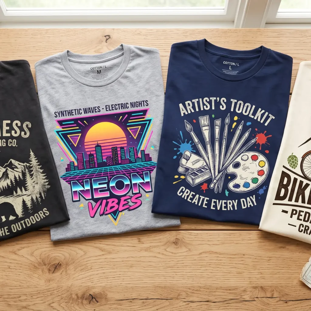 Premium custom graphic t-shirts with colorful retro neon, artist, outdoor, and bicycle-themed printed designs displayed on a wooden table.