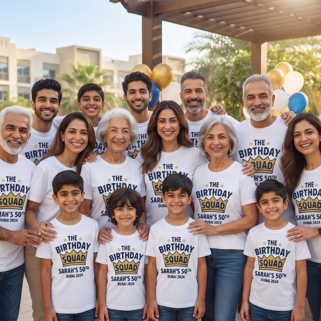 A large multi-generational family group smiling together outdoors, wearing matching custom birthday t-shirts for a 50th milestone celebration.