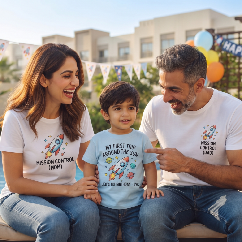 A happy family sitting by a pool wearing space-themed custom birthday t-shirts for their child's first birthday celebration.