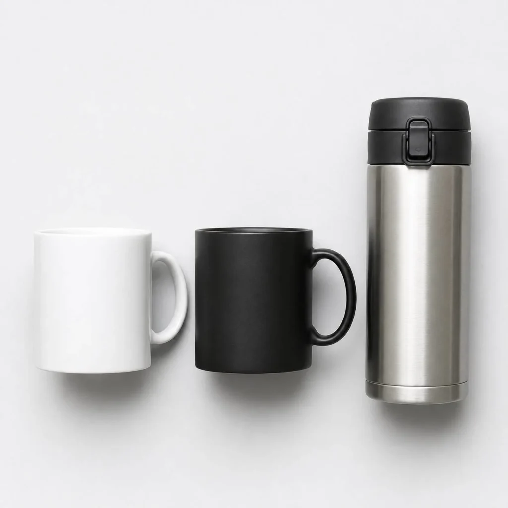 Comparison of ceramic mugs and a thermal travel bottle for custom mug printing in Dubai
