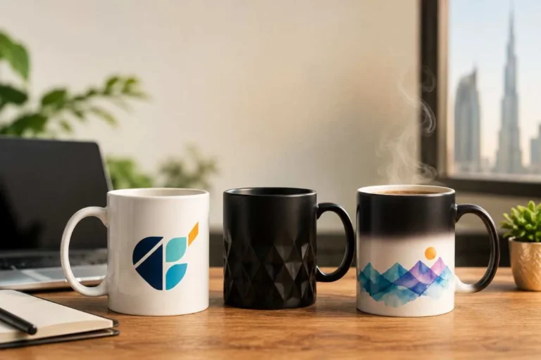 Assortment of custom printed ceramic mugs and a color-changing magic mug for corporate gifting in Dubai