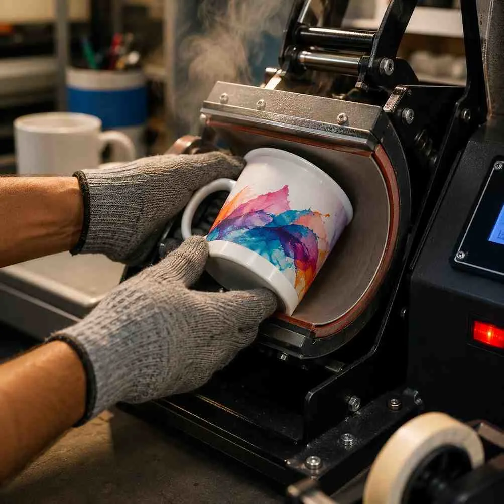 Blank ceramic mug being sublimation printed with a custom design in a heat press machine