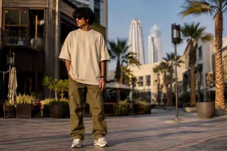 Person wearing an oversized boxy t-shirt with dropped shoulders in Dubai streetwear style