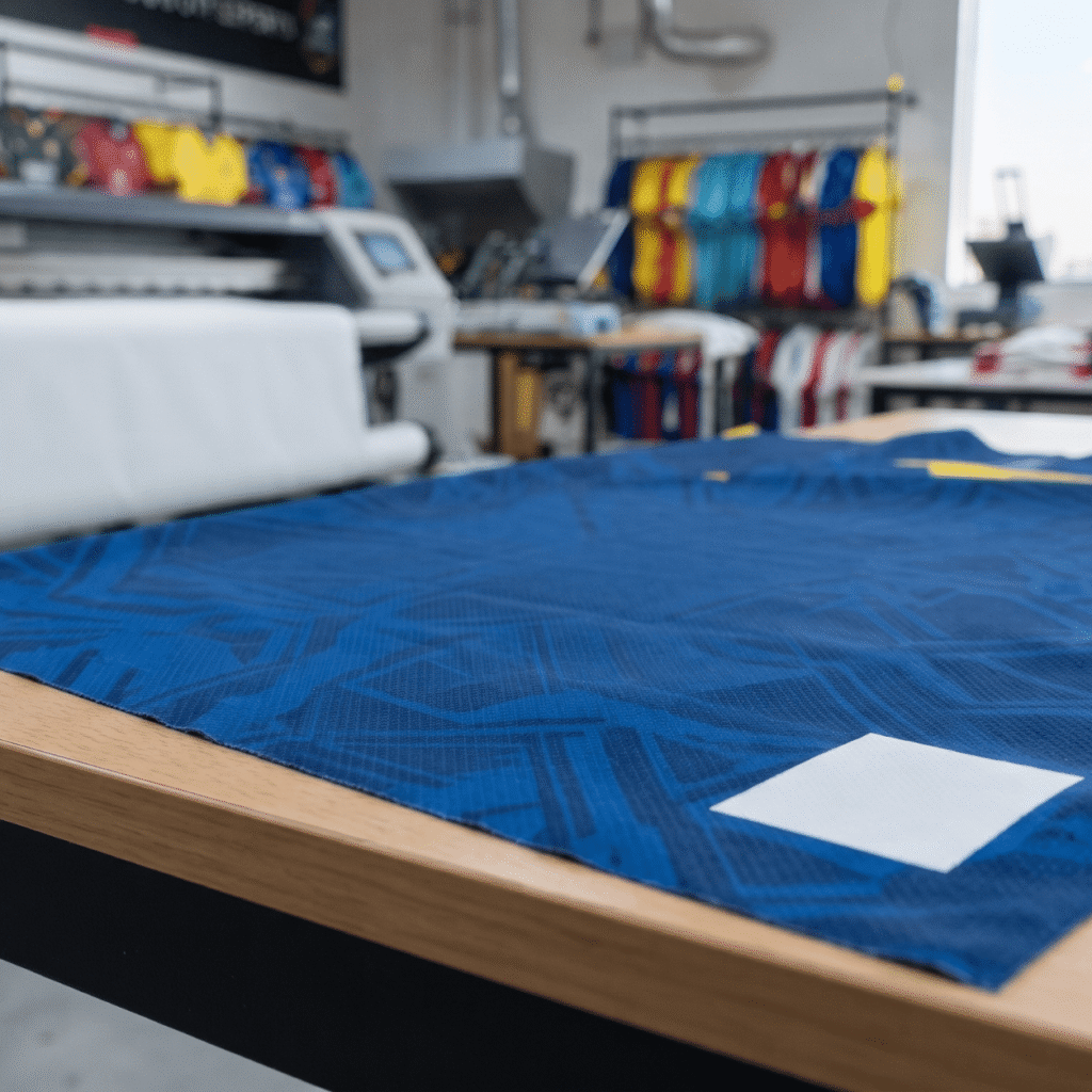 Close-up of blue printed fabric with the Dubai United Football Club logo on a workshop table during sports jersey printing Dubai.