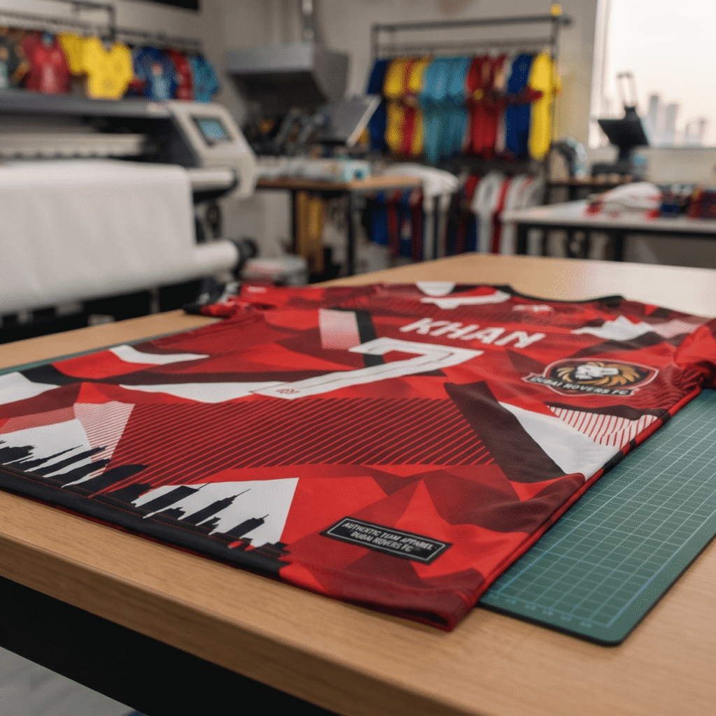 A finished red and white sports jersey with the name "KHAN" and number 7, resting on a cutting mat in a workshop specializing in sports jersey printing Dubai.