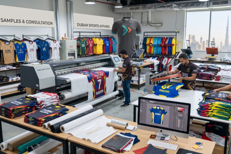 Technicians working in a fully equipped apparel manufacturing facility specializing in sports jersey printing Dubai, featuring printing machinery and racks of jerseys.