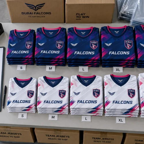 Professional sublimation printing of a colorful sports jersey with custom logo and number using an industrial heat press machine in Dubai.