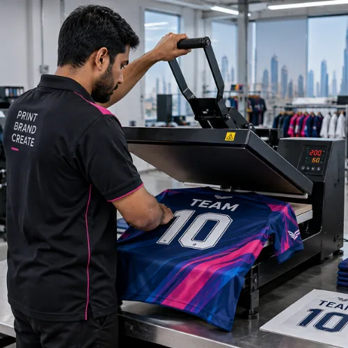 Worker performing sublimation printing on a custom team jersey using a heat press machine in a professional Dubai print shop.
