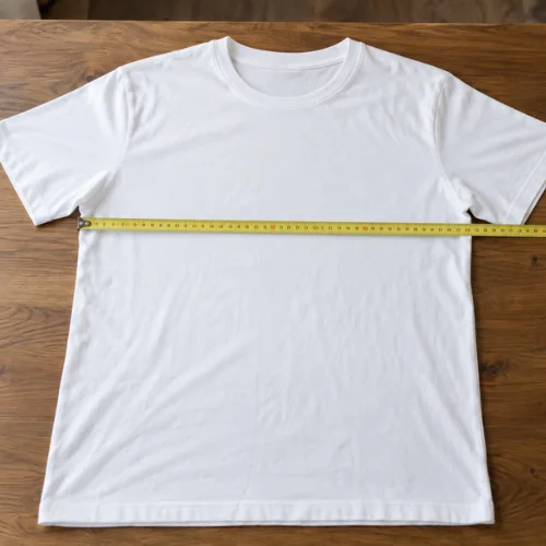 T-shirt size guide showing a measuring tape placed across the chest of a plain white cotton t-shirt
