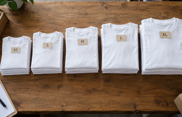 T-shirt size guide showing folded plain cotton t-shirts in sizes XS S M L and XL