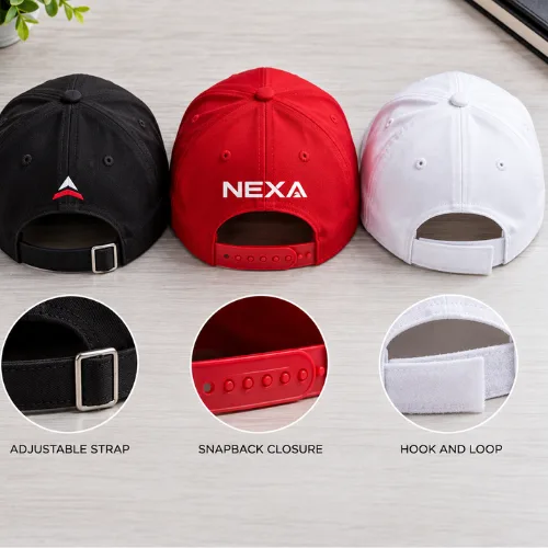 Black, red and white caps with adjustable strap closures and embroidery for custom cap printing