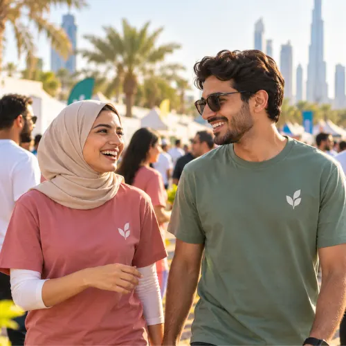 People wearing printed t-shirts Dubai brands give away at community events and promotional drops