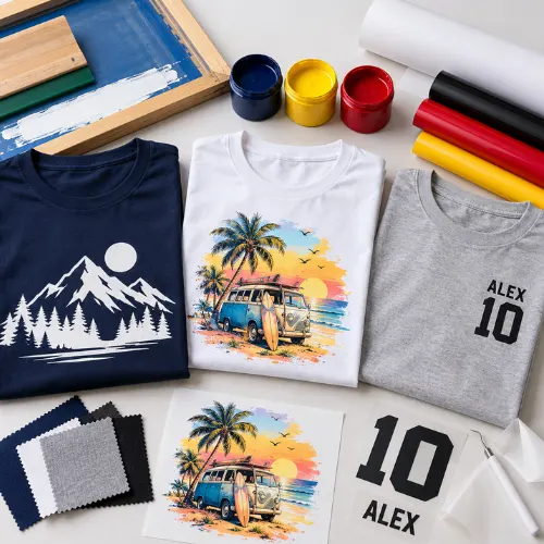 Flat lay of printed t-shirts Dubai teams can choose, showing screen, digital and heat transfer print methods